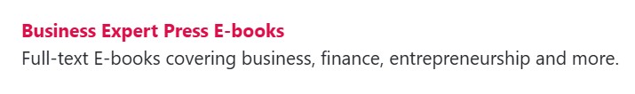 Screenshot of the SIM E-Resources page showing the Business Expert Press link