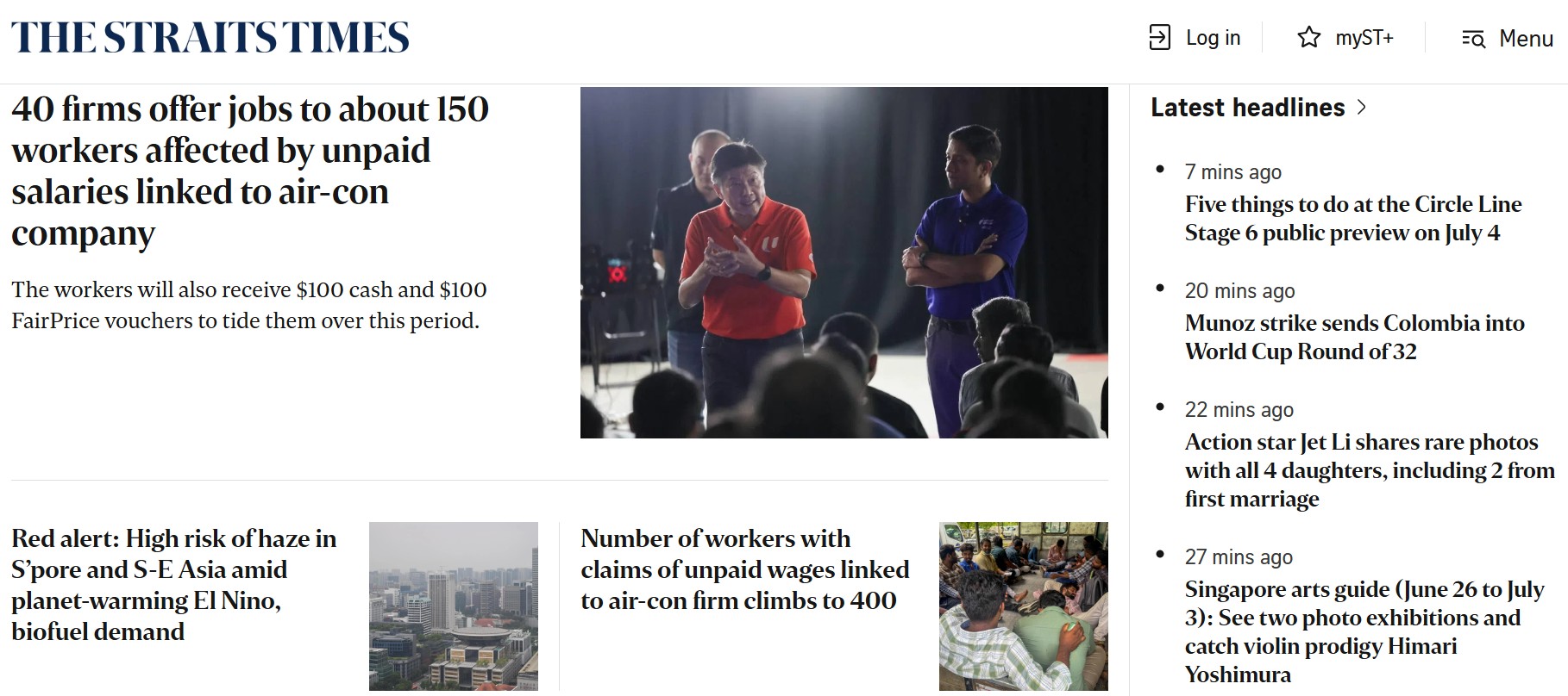 Screenshot of Straits Times landing page