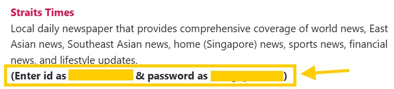SIM E-Resources page showing The Straits Times login access.