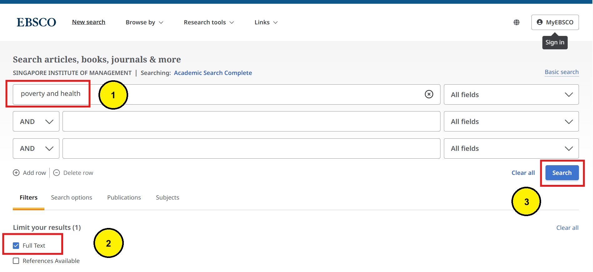 Academic Search Complete basic search page showing the search box and Full Text filter.