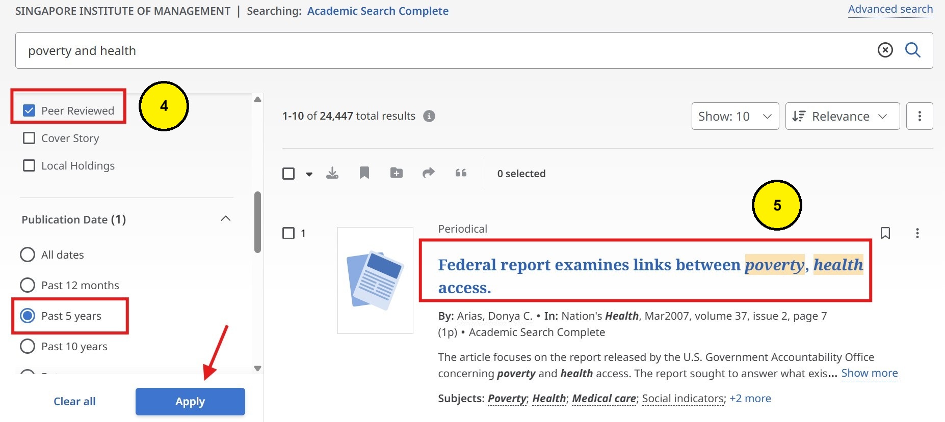 Search results page showing filters and article titles.