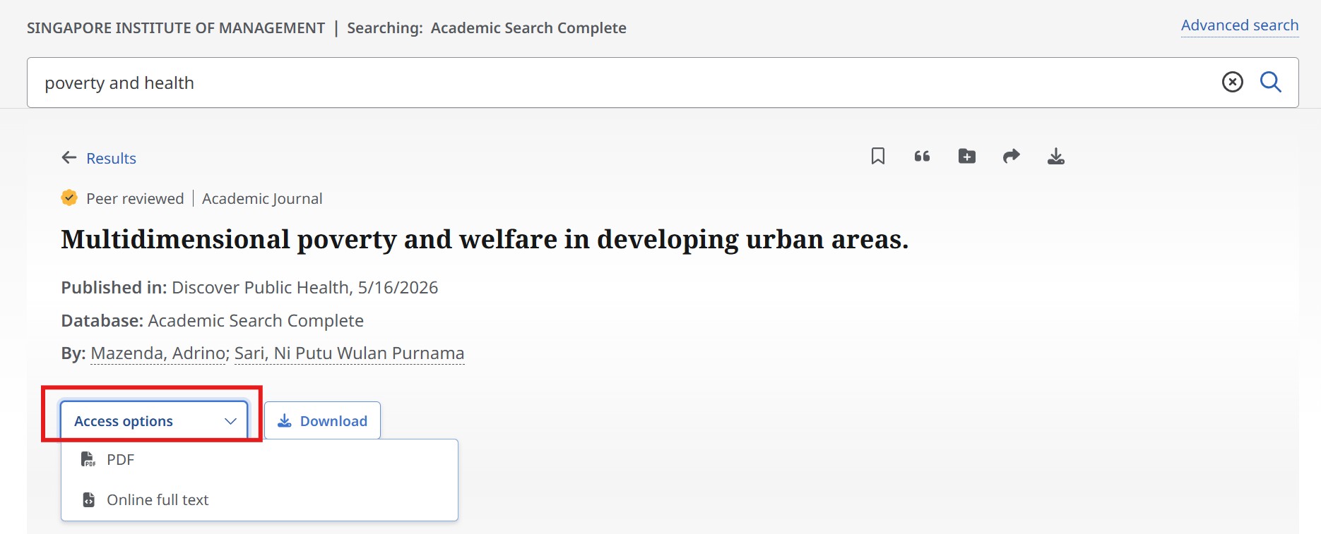 Search results page showing filters and article titles.