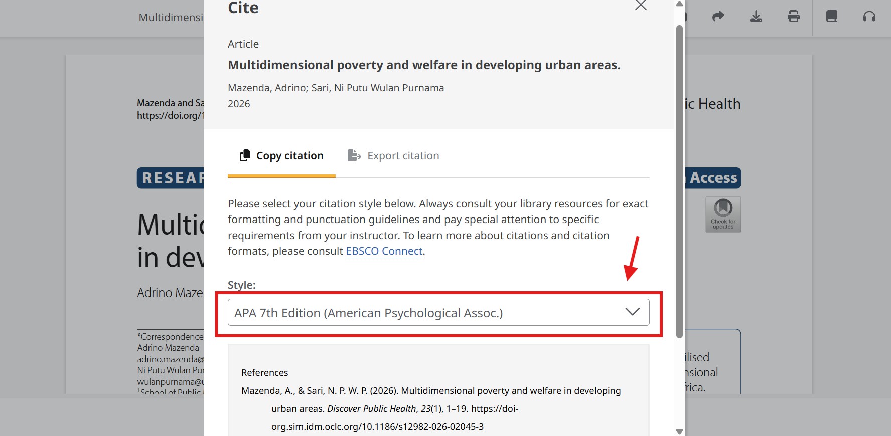 Citation tool showing available citation styles.