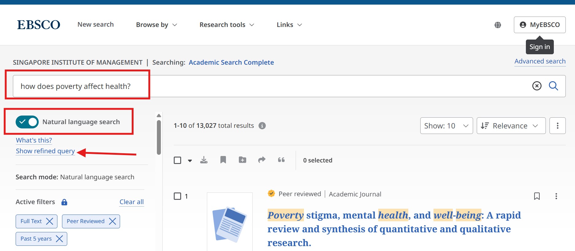 Natural Language Search in Academic Search Complete.