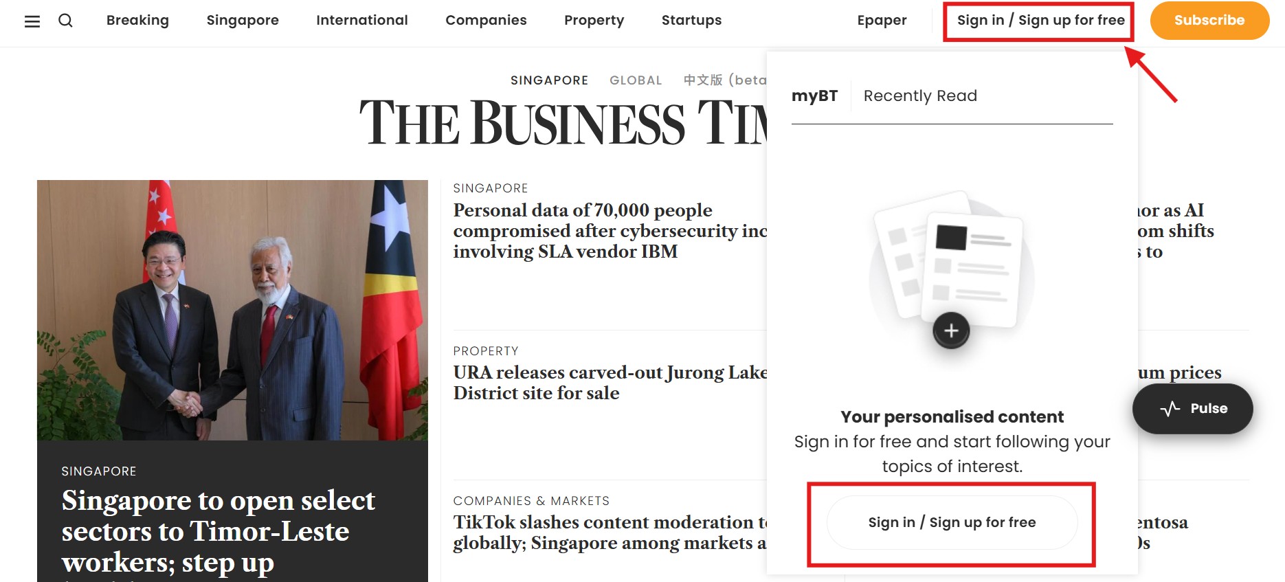 Screenshot of The Business Times sign in button.