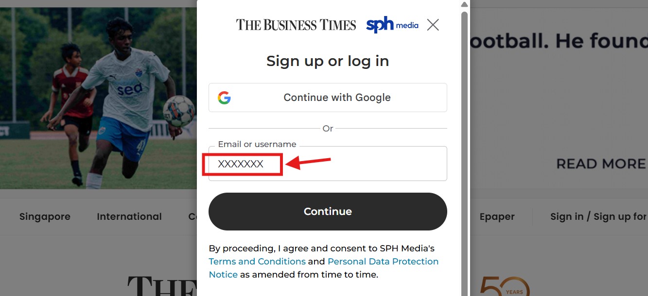 Screenshot of The Business Times sign in box.