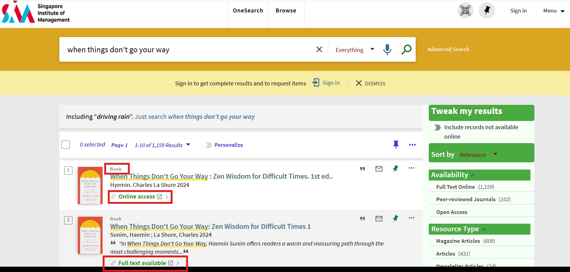 OneSearch search results showing an e-book.