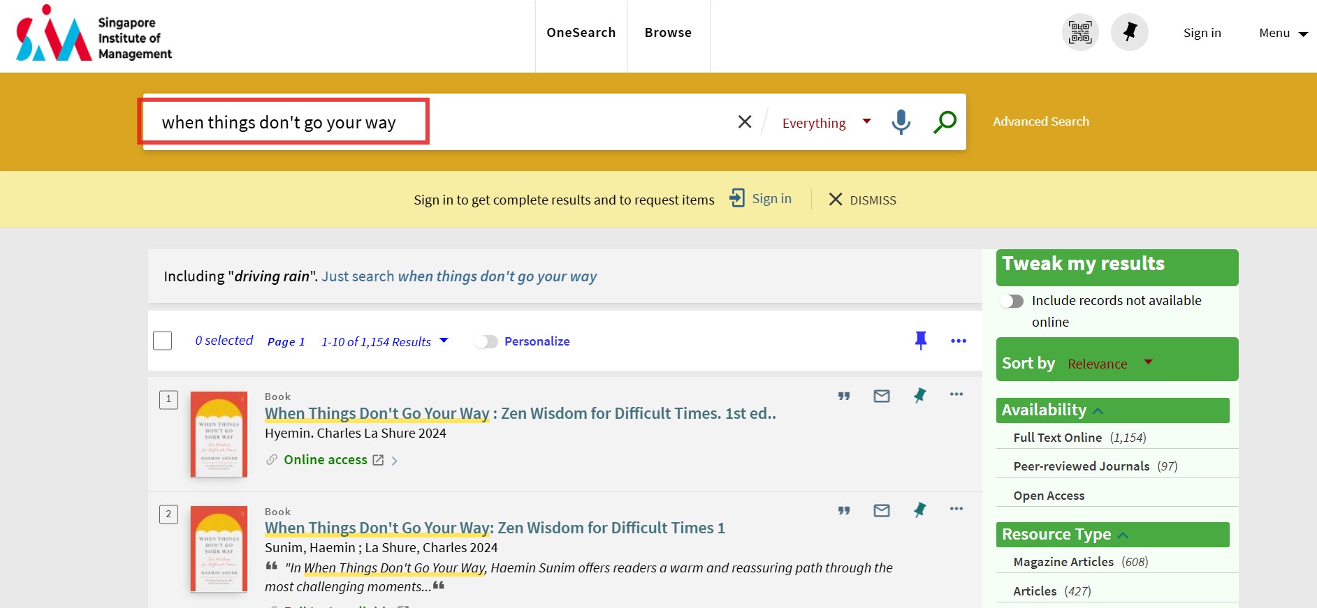 OneSearch Results page.