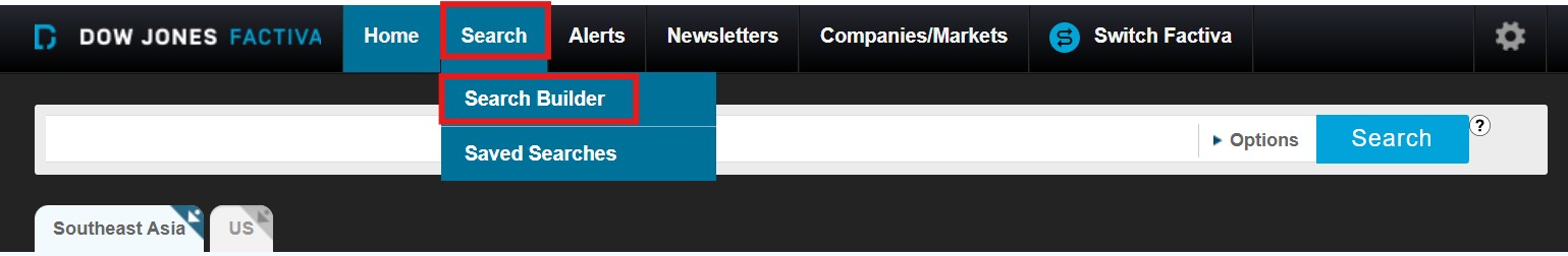 Factiva Search Builder tab