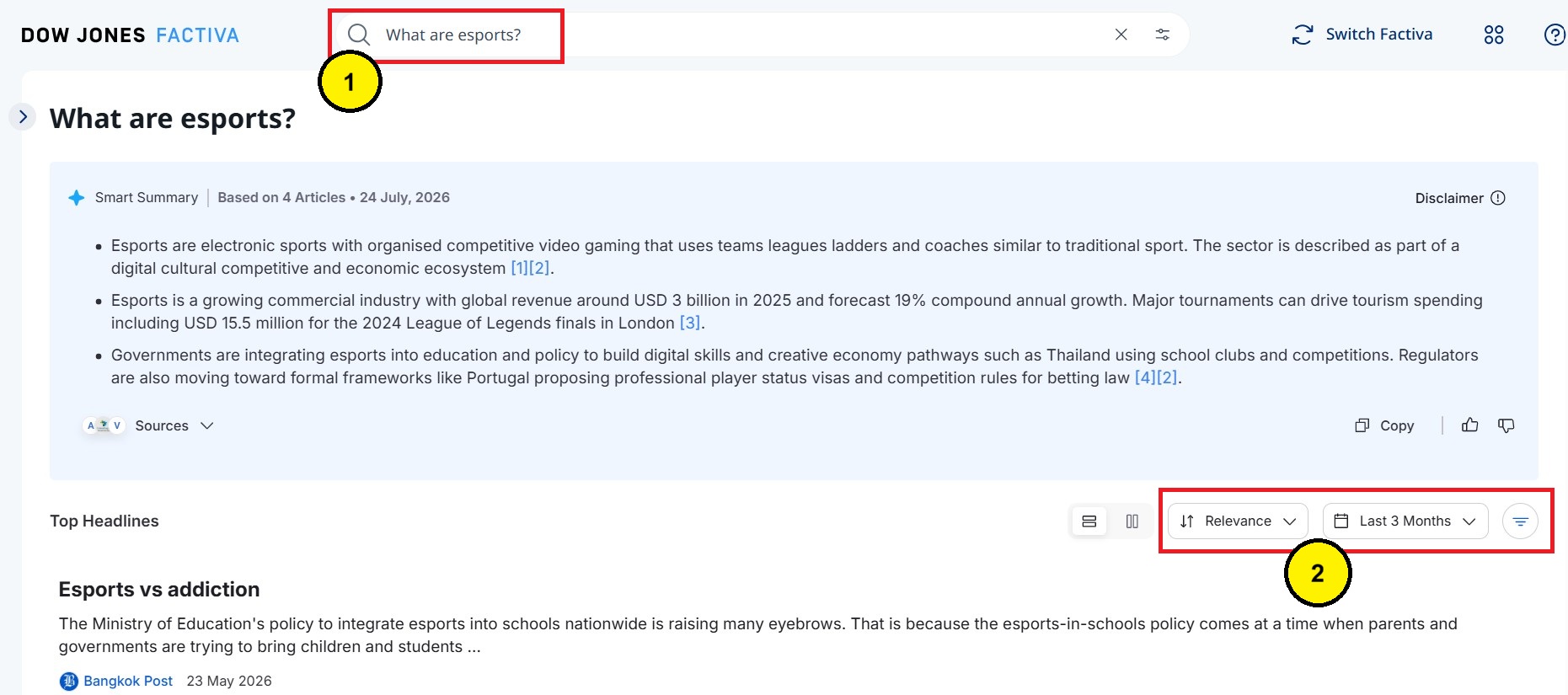 Factiva New interface search results screenshot