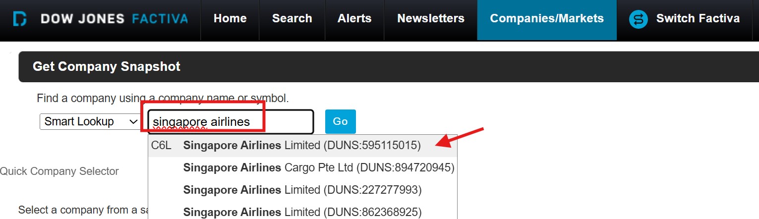Screenshot of company search page on Factiva