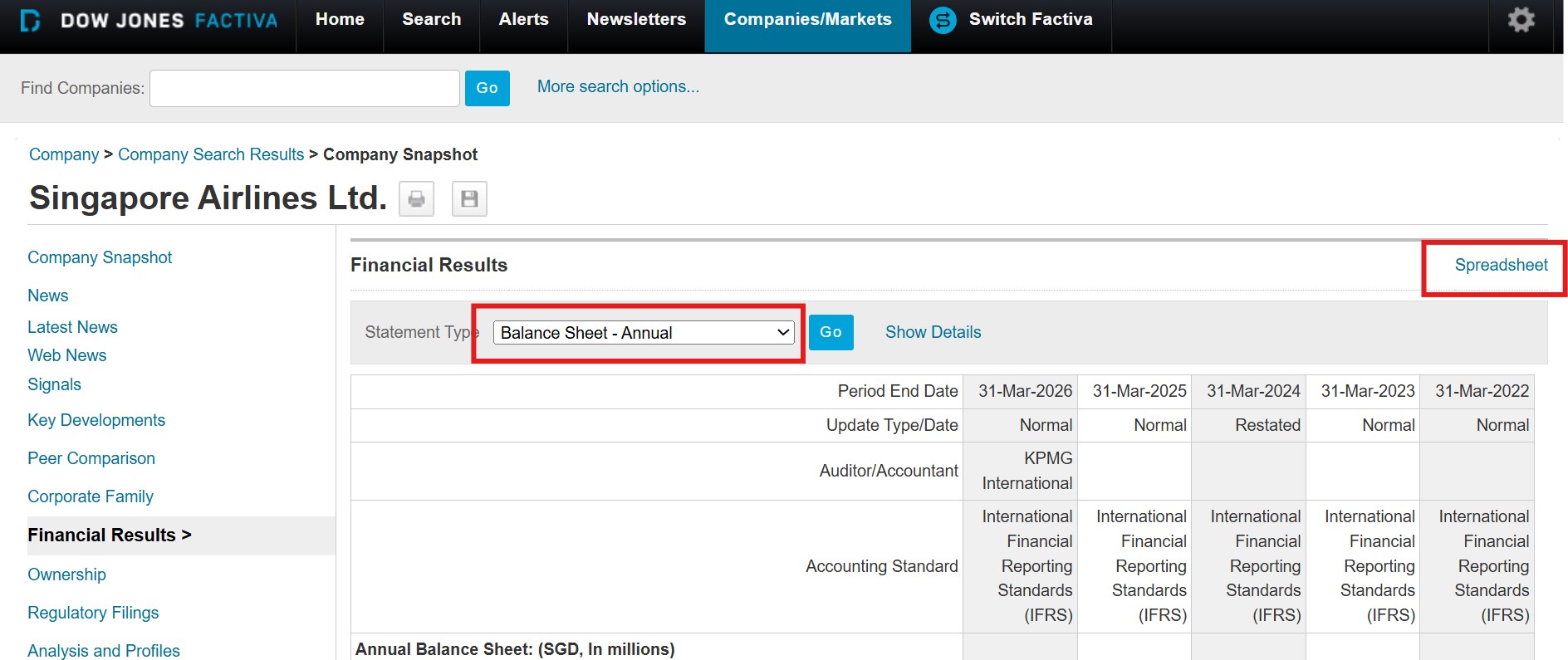 Screenshot of financial results page on Factiva