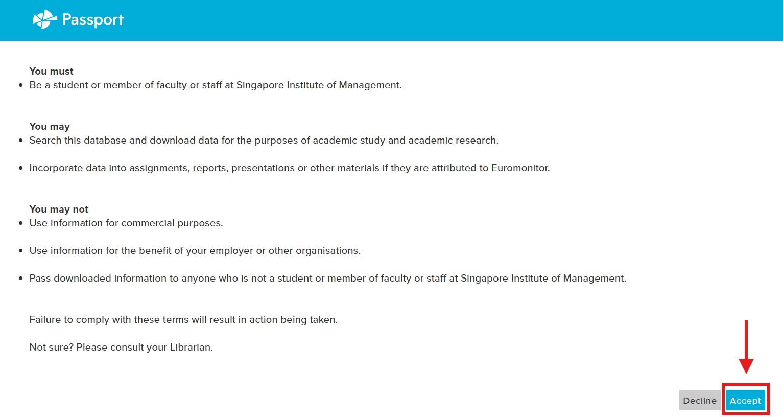 Screenshot of Passport terms and conditions