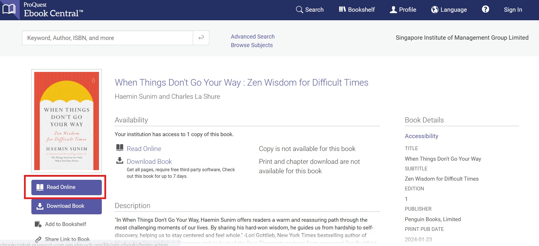 ProQuest Ebook Central page showing the Read Online option.