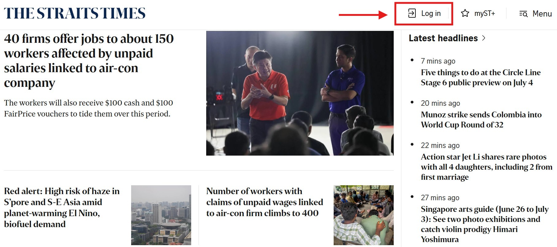 Screenshot of The Straits Times login button.