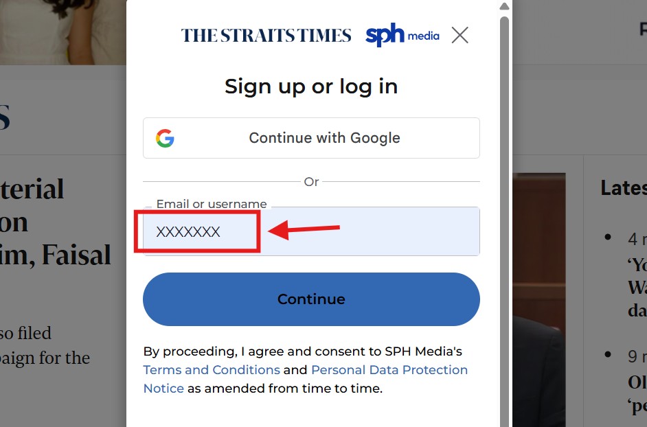 Screenshot of The Straits Times sign in box.