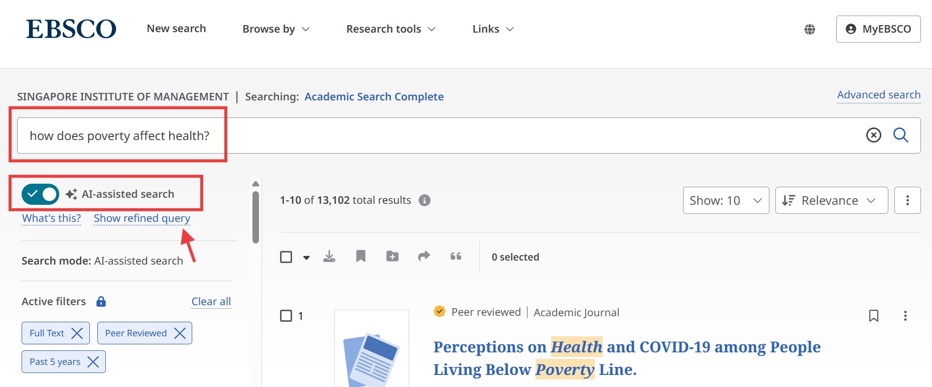AI-Assisted Search in Academic Search Complete.